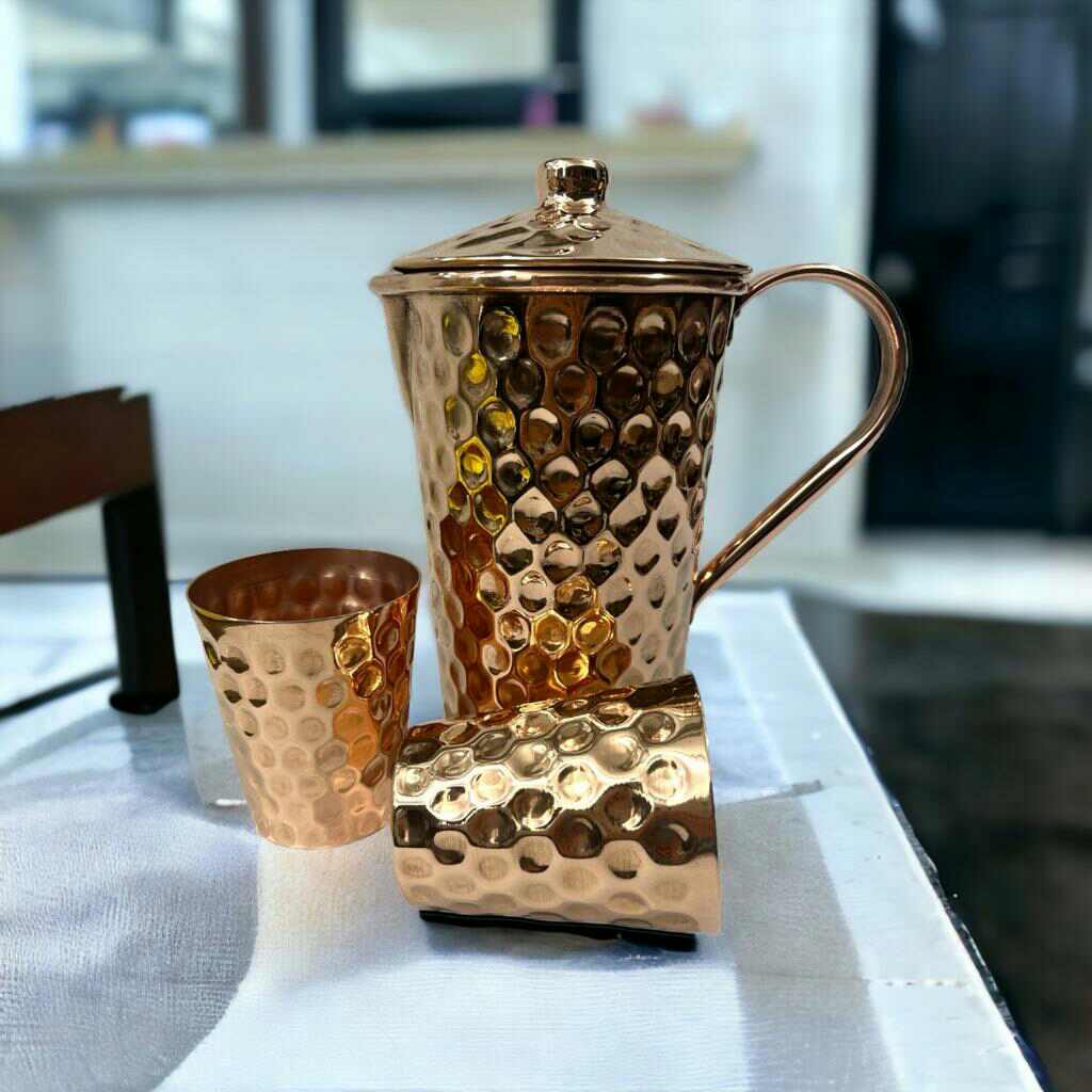 Set of One Copper Pitcher with Top and Two Tumblers, Deep Hammering and Shiny Finish